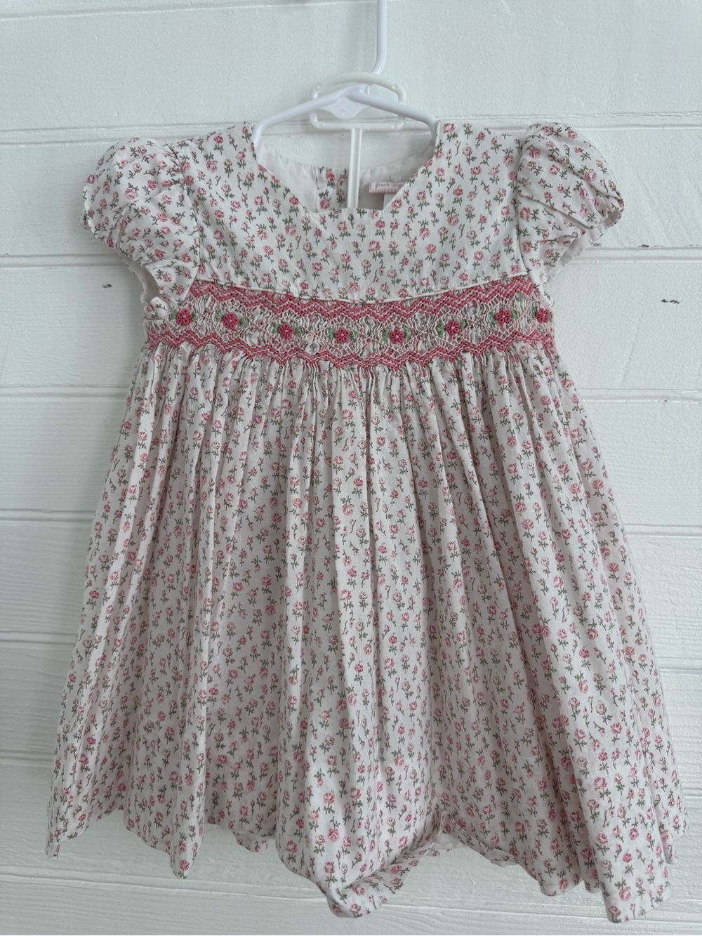 Girls White Floral Smocked Dress with Pink Accents includes bloomers